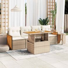 Salon de jardin avec coussins 5 pcs beige résine tressée acacia