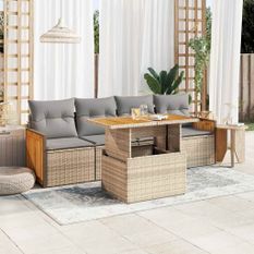 Salon de jardin avec coussins 5 pcs beige résine tressée acacia