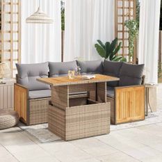 Salon de jardin avec coussins 5 pcs beige résine tressée acacia