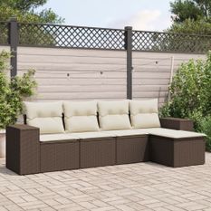 Salon de jardin avec coussins 5 pcs marron résine tressée