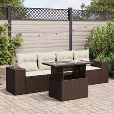 Salon de jardin avec coussins 5 pcs marron résine tressée