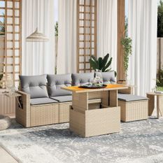 Salon de jardin avec coussins 6 pcs beige résine tressée