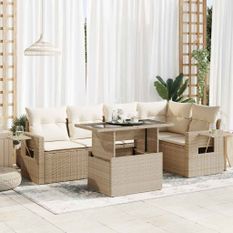 Salon de jardin avec coussins 6 pcs beige résine tressée