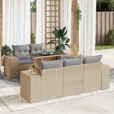 Salon de jardin avec coussins 6 pcs beige résine tressée