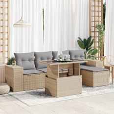 Salon de jardin avec coussins 6 pcs beige résine tressée