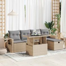 Salon de jardin avec coussins 6 pcs beige résine tressée