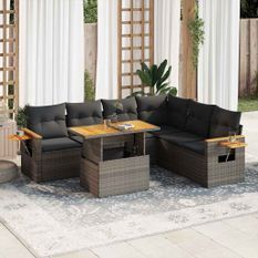 Salon de jardin avec coussins 6 pcs gris résine tressée acacia