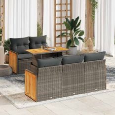 Salon de jardin avec coussins 6 pcs gris résine tressée acacia