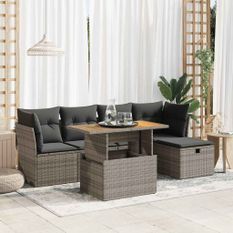 Salon de jardin avec coussins 6 pcs gris résine tressée acacia