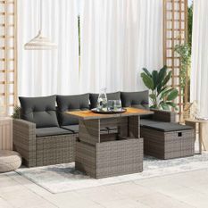 Salon de jardin avec coussins 6 pcs gris résine tressée acacia