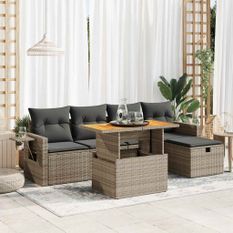 Salon de jardin avec coussins 6 pcs gris résine tressée acacia