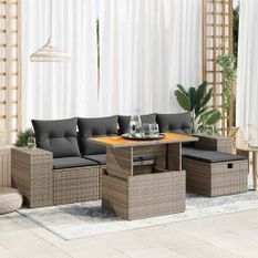 Salon de jardin avec coussins 6 pcs gris résine tressée acacia