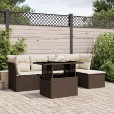 Salon de jardin avec coussins 6 pcs marron résine tressée