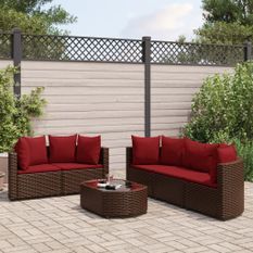 Salon de jardin avec coussins 6 pcs marron résine tressée