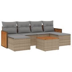Salon de jardin avec coussins 7 pcs beige résine tressée