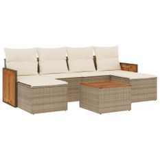 Salon de jardin avec coussins 7 pcs beige résine tressée