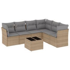 Salon de jardin avec coussins 7 pcs beige résine tressée
