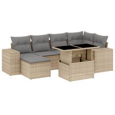 Salon de jardin avec coussins 7 pcs beige résine tressée