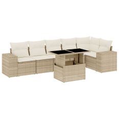 Salon de jardin avec coussins 7 pcs beige résine tressée