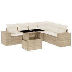 Salon de jardin avec coussins 7 pcs beige résine tressée