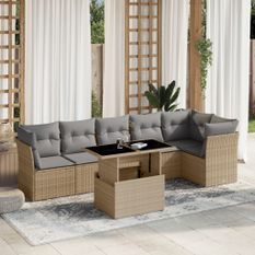 Salon de jardin avec coussins 7 pcs beige résine tressée