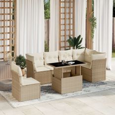 Salon de jardin avec coussins 7 pcs beige résine tressée