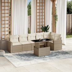 Salon de jardin avec coussins 7 pcs beige résine tressée