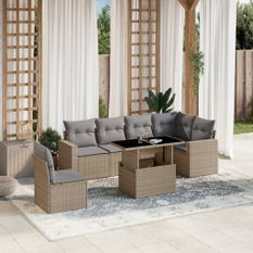 Salon de jardin avec coussins 7 pcs beige résine tressée