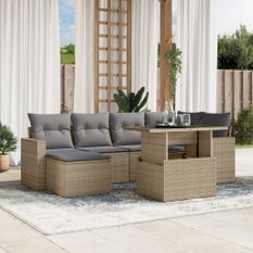 Salon de jardin avec coussins 7 pcs beige résine tressée