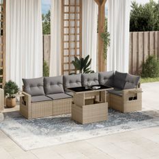 Salon de jardin avec coussins 7 pcs beige résine tressée