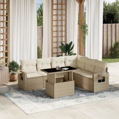 Salon de jardin avec coussins 7 pcs beige résine tressée