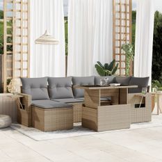 Salon de jardin avec coussins 7 pcs beige résine tressée