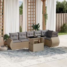 Salon de jardin avec coussins 7 pcs beige résine tressée