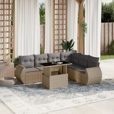 Salon de jardin avec coussins 7 pcs beige résine tressée