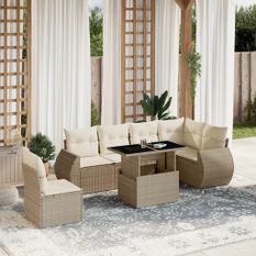 Salon de jardin avec coussins 7 pcs beige résine tressée