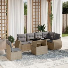 Salon de jardin avec coussins 7 pcs beige résine tressée