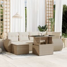 Salon de jardin avec coussins 7 pcs beige résine tressée