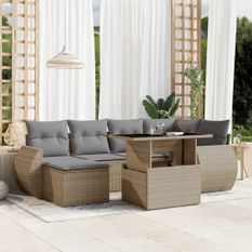 Salon de jardin avec coussins 7 pcs beige résine tressée