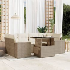 Salon de jardin avec coussins 7 pcs beige résine tressée