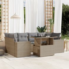 Salon de jardin avec coussins 7 pcs beige résine tressée