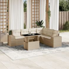 Salon de jardin avec coussins 7 pcs beige résine tressée