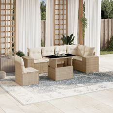 Salon de jardin avec coussins 7 pcs beige résine tressée