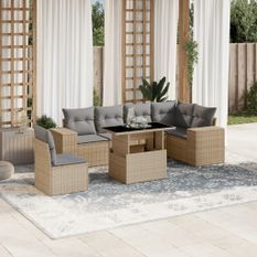 Salon de jardin avec coussins 7 pcs beige résine tressée