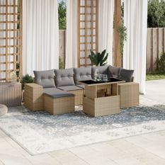 Salon de jardin avec coussins 7 pcs beige résine tressée