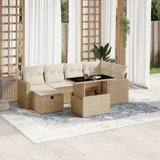 Salon de jardin avec coussins 7 pcs beige résine tressée