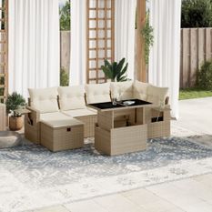 Salon de jardin avec coussins 7 pcs beige résine tressée