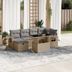 Salon de jardin avec coussins 7 pcs beige résine tressée