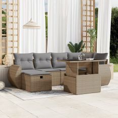 Salon de jardin avec coussins 7 pcs beige résine tressée