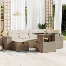 Salon de jardin avec coussins 7 pcs beige résine tressée