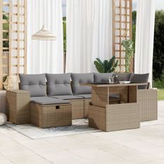 Salon de jardin avec coussins 7 pcs beige résine tressée